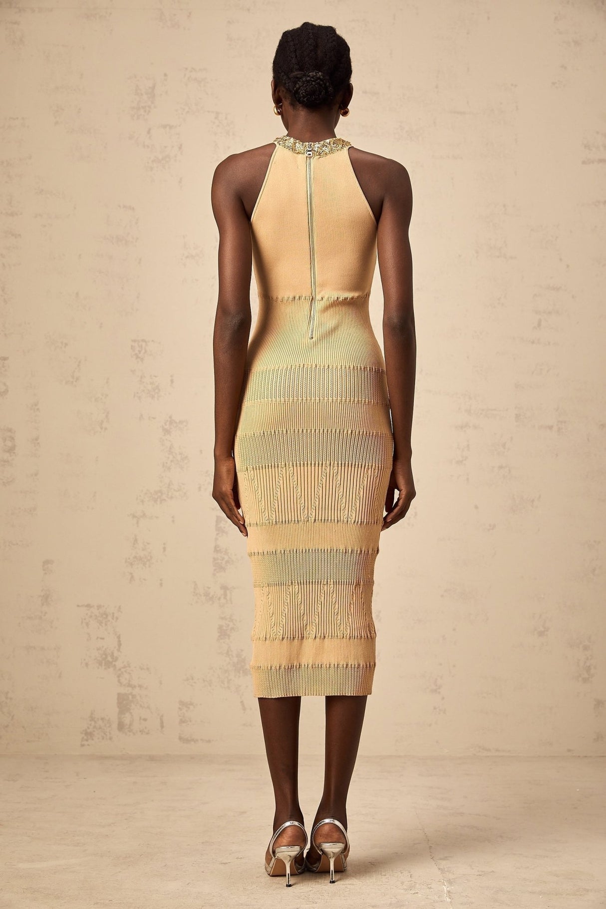 Zoey Midi Dress Gold Sequin Halterneck Ribbed Calf Length