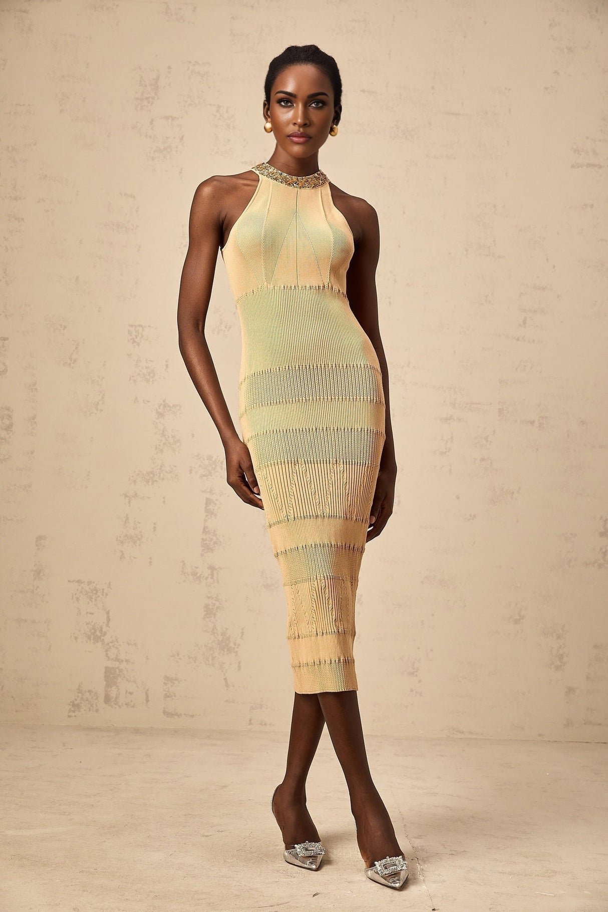 Zoey Midi Dress Gold Sequin Halterneck Ribbed Calf Length