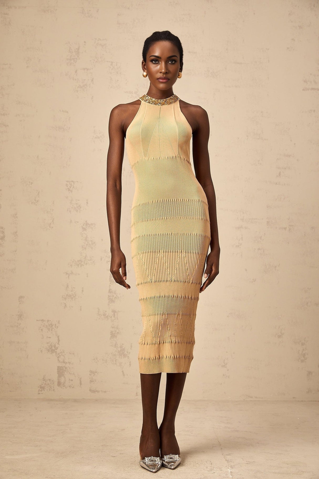 Zoey Midi Dress Gold Sequin Halterneck Ribbed Calf Length