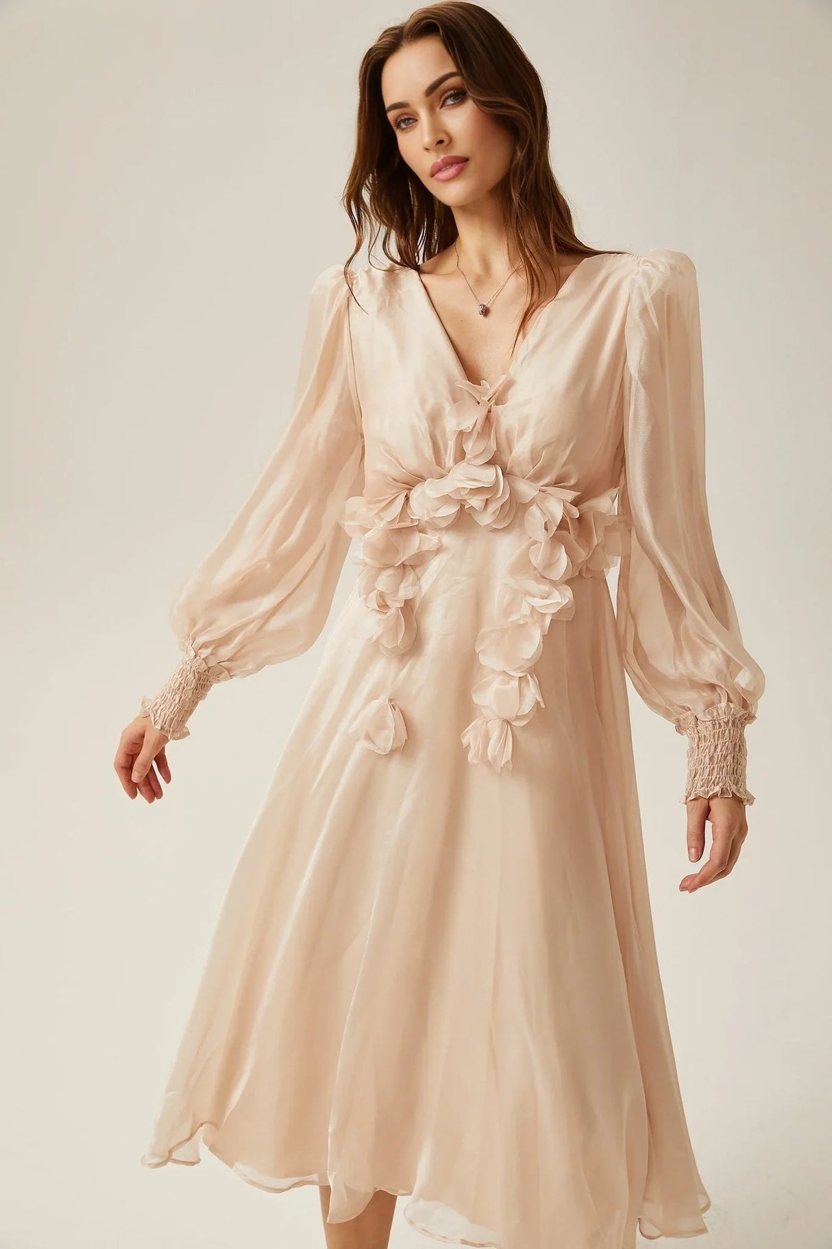 Zoey Midi Dress with Faux - Floral Embellishment