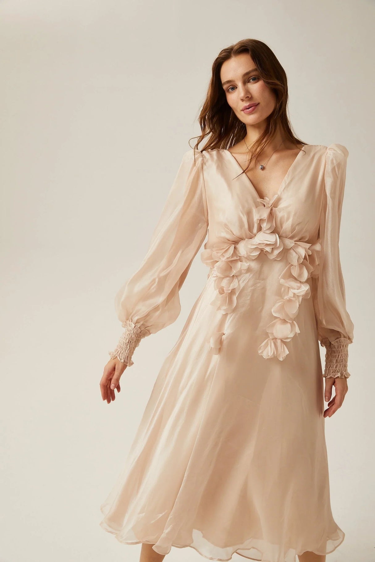 Zoey Midi Dress with Faux - Floral Embellishment