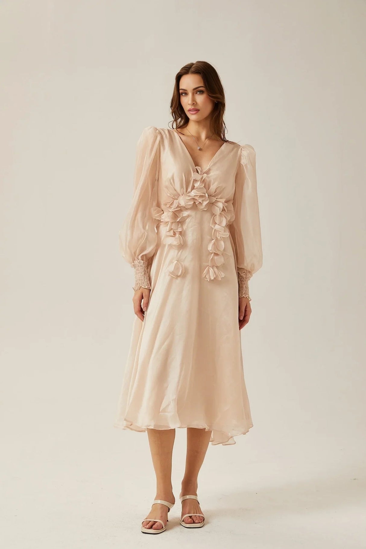 Zoey Midi Dress with Faux - Floral Embellishment