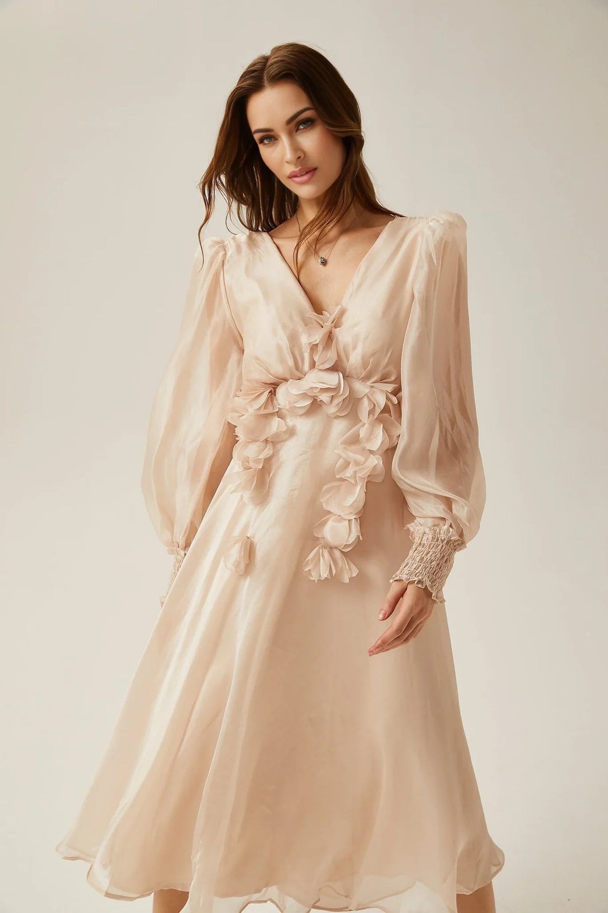 Zoey Midi Dress with Faux - Floral Embellishment