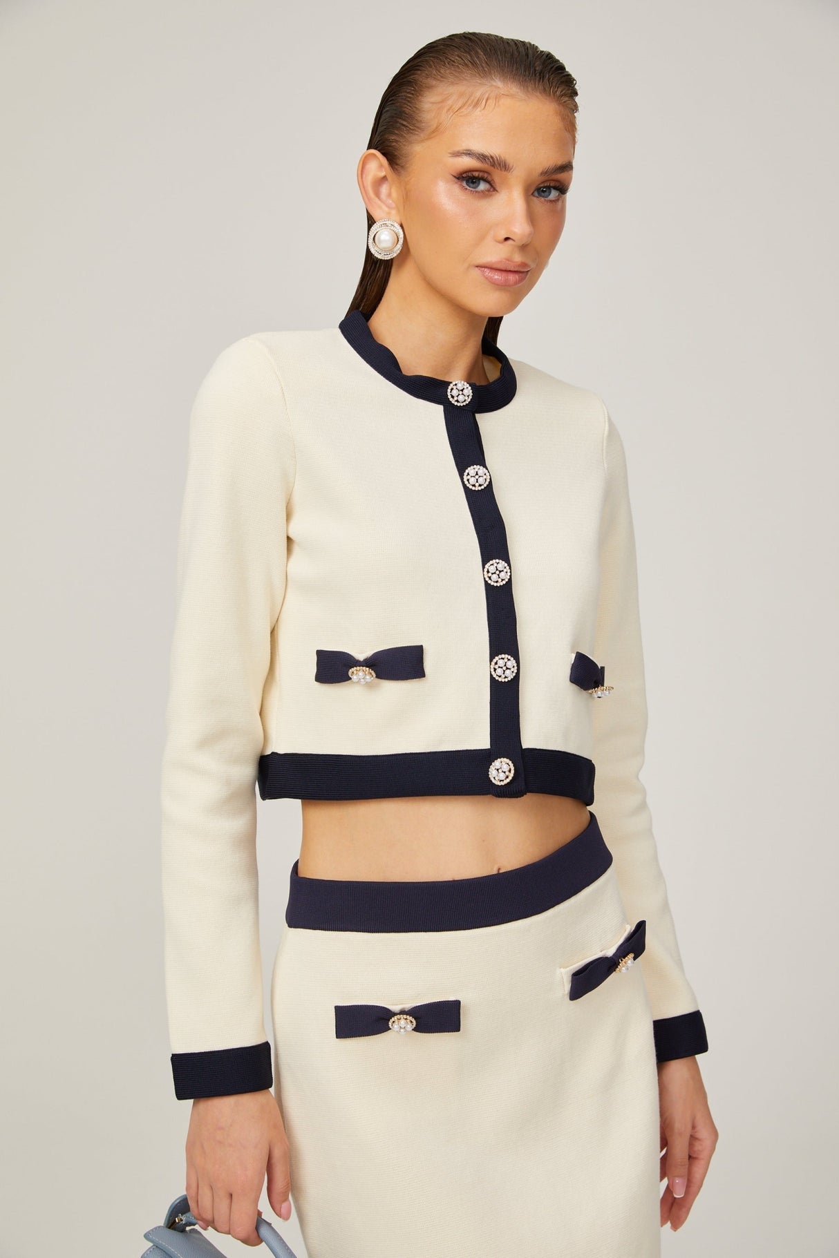 Zuri Cardigan & Skirt White Black Bow Knit Set