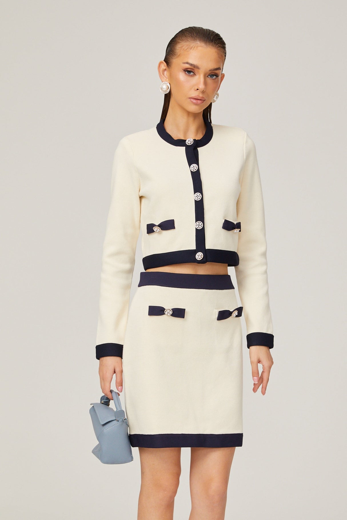 Zuri Cardigan & Skirt White Black Bow Knit Set