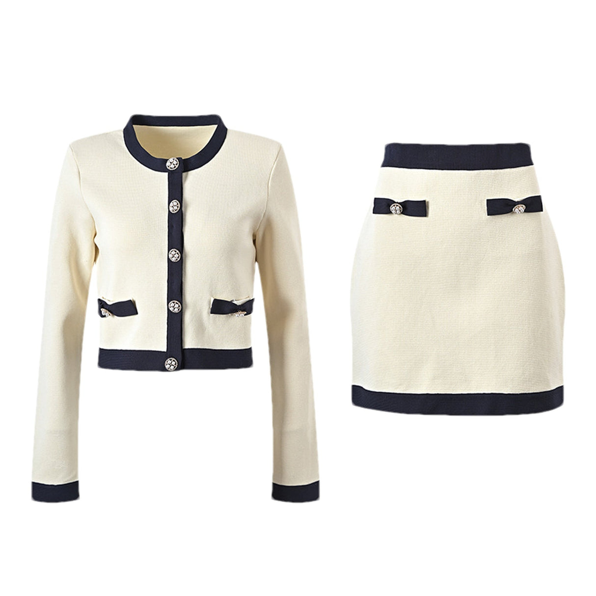 Zuri Cardigan & Skirt White Black Bow Knit Set