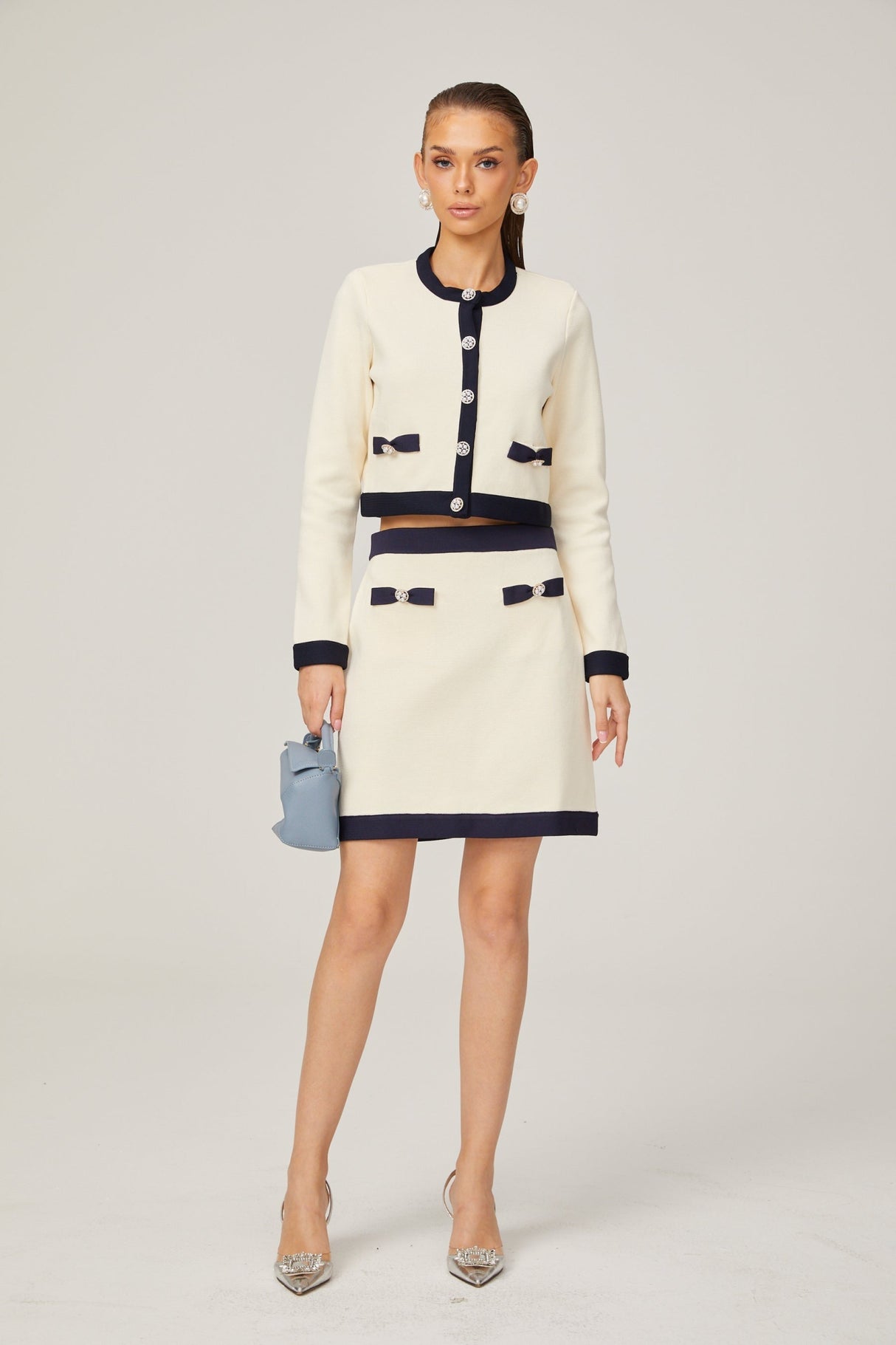 Zuri Cardigan & Skirt White Black Bow Knit Set