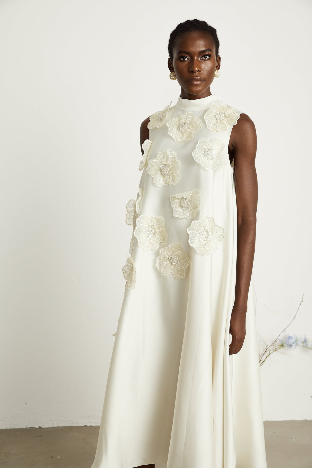 Zuri Floral Midi Dress Sleeveless Aline design with Beaded Appliqu in White