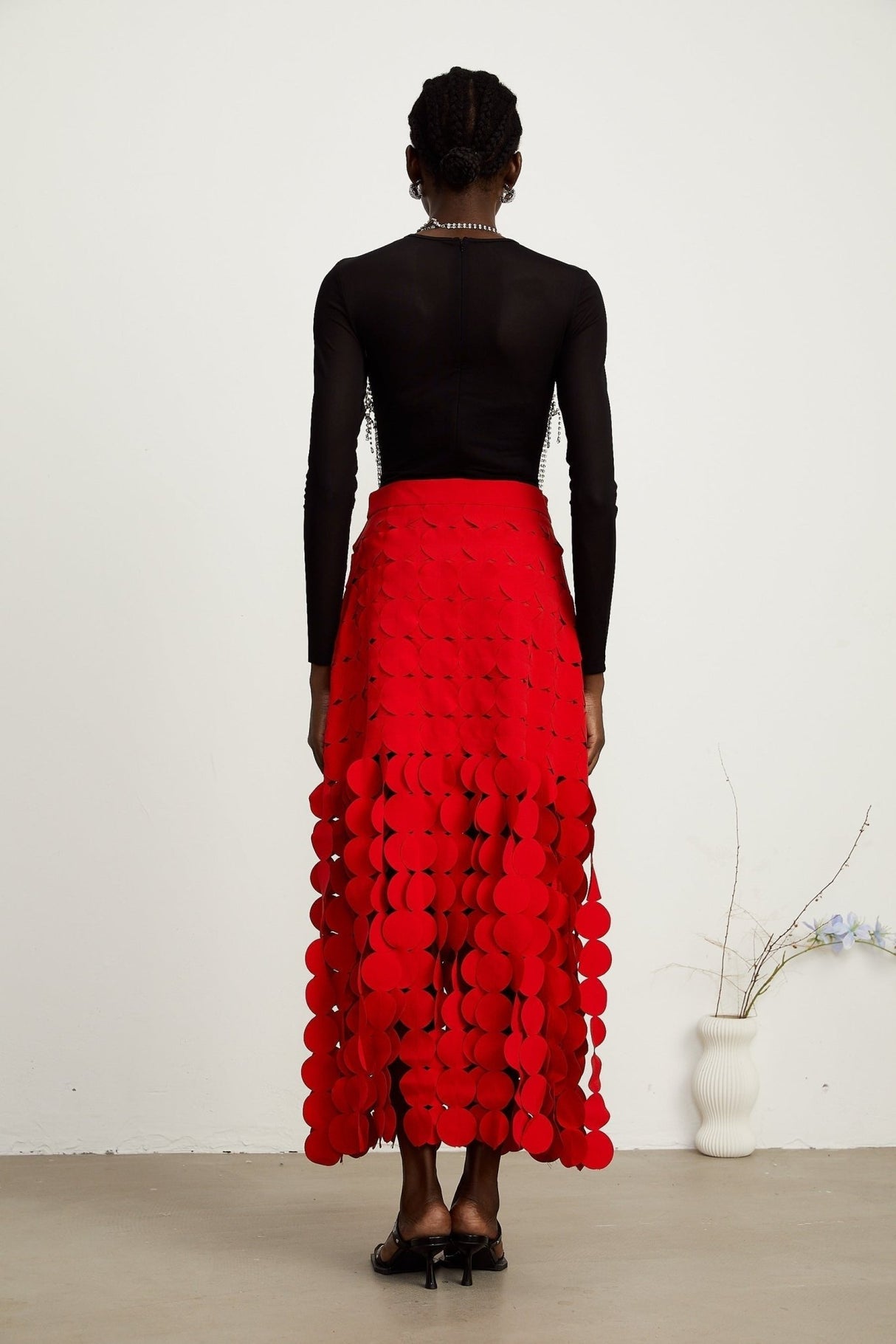 Zuri Maxi Dress in Vibrant Red with Fringed & Disc Overlay Design