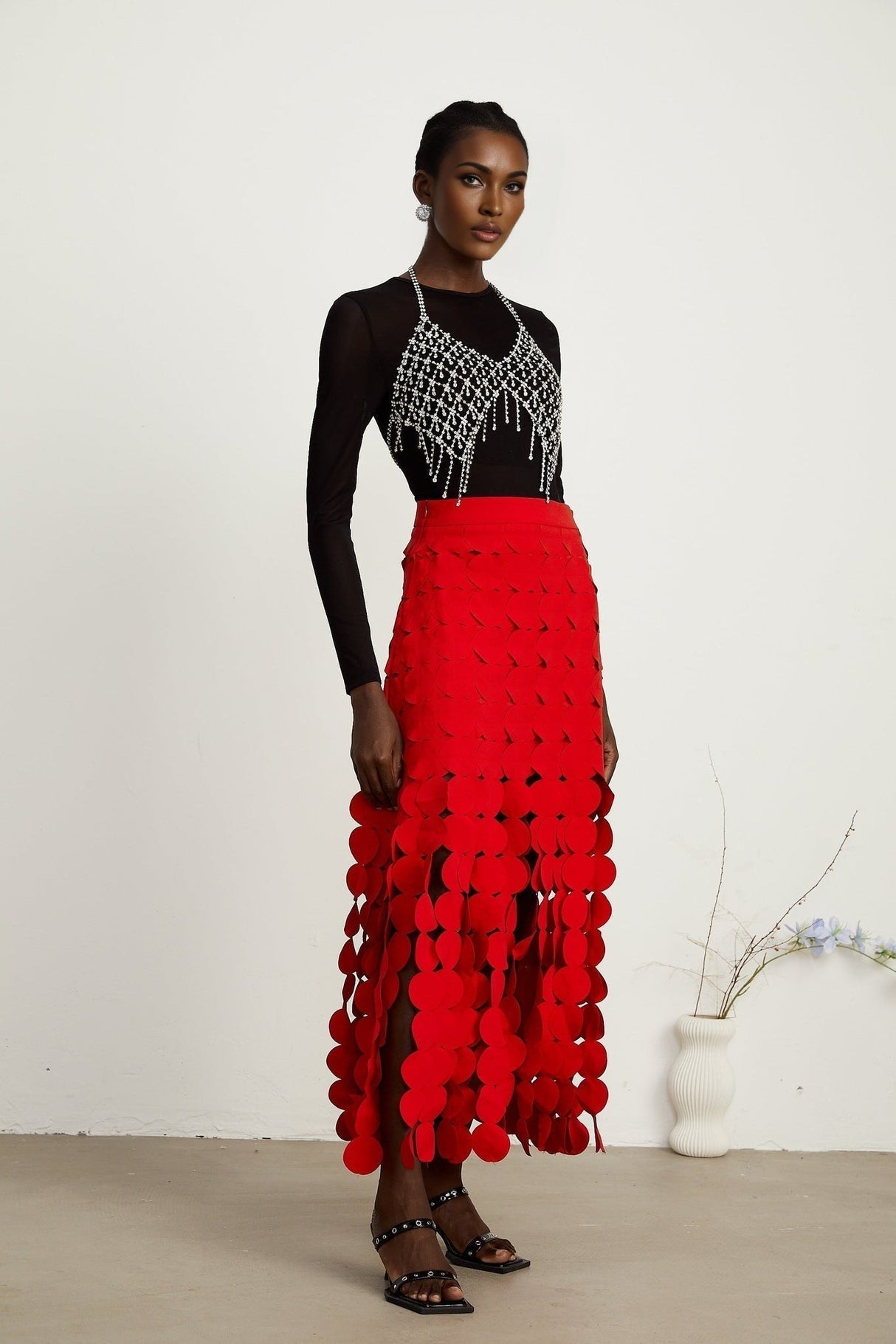 Zuri Maxi Dress in Vibrant Red with Fringed & Disc Overlay Design