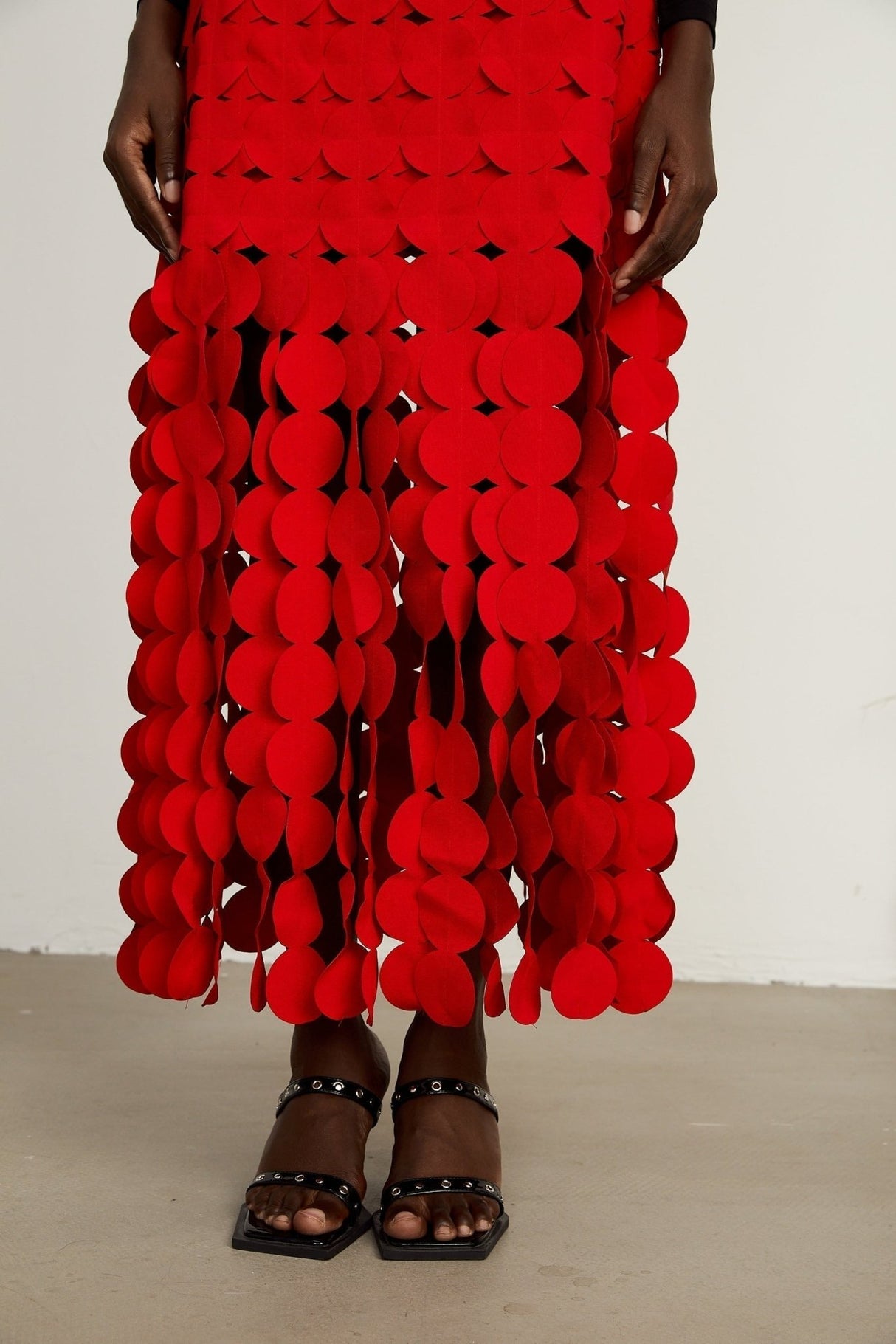 Zuri Maxi Dress in Vibrant Red with Fringed & Disc Overlay Design