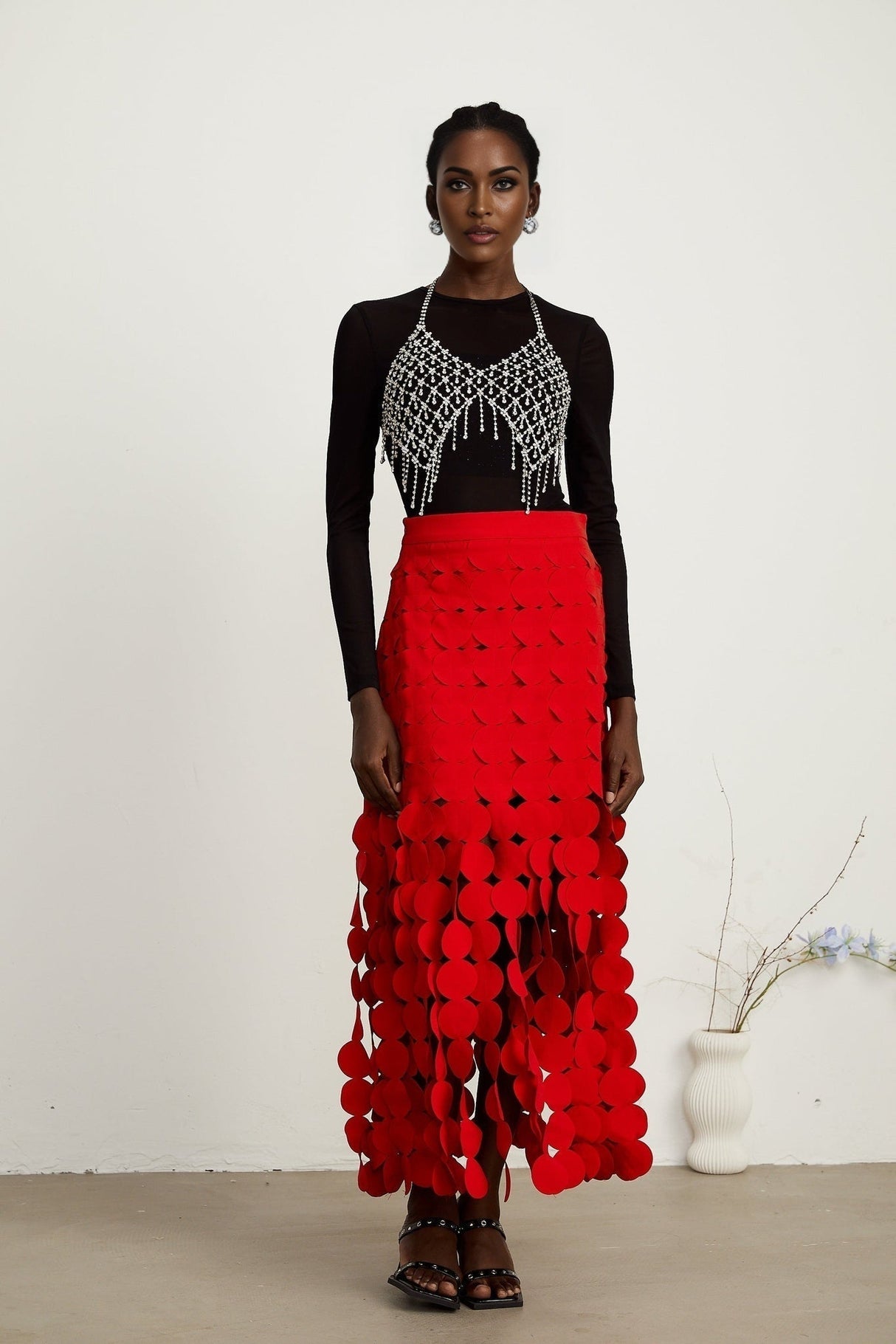 Zuri Maxi Dress in Vibrant Red with Fringed & Disc Overlay Design