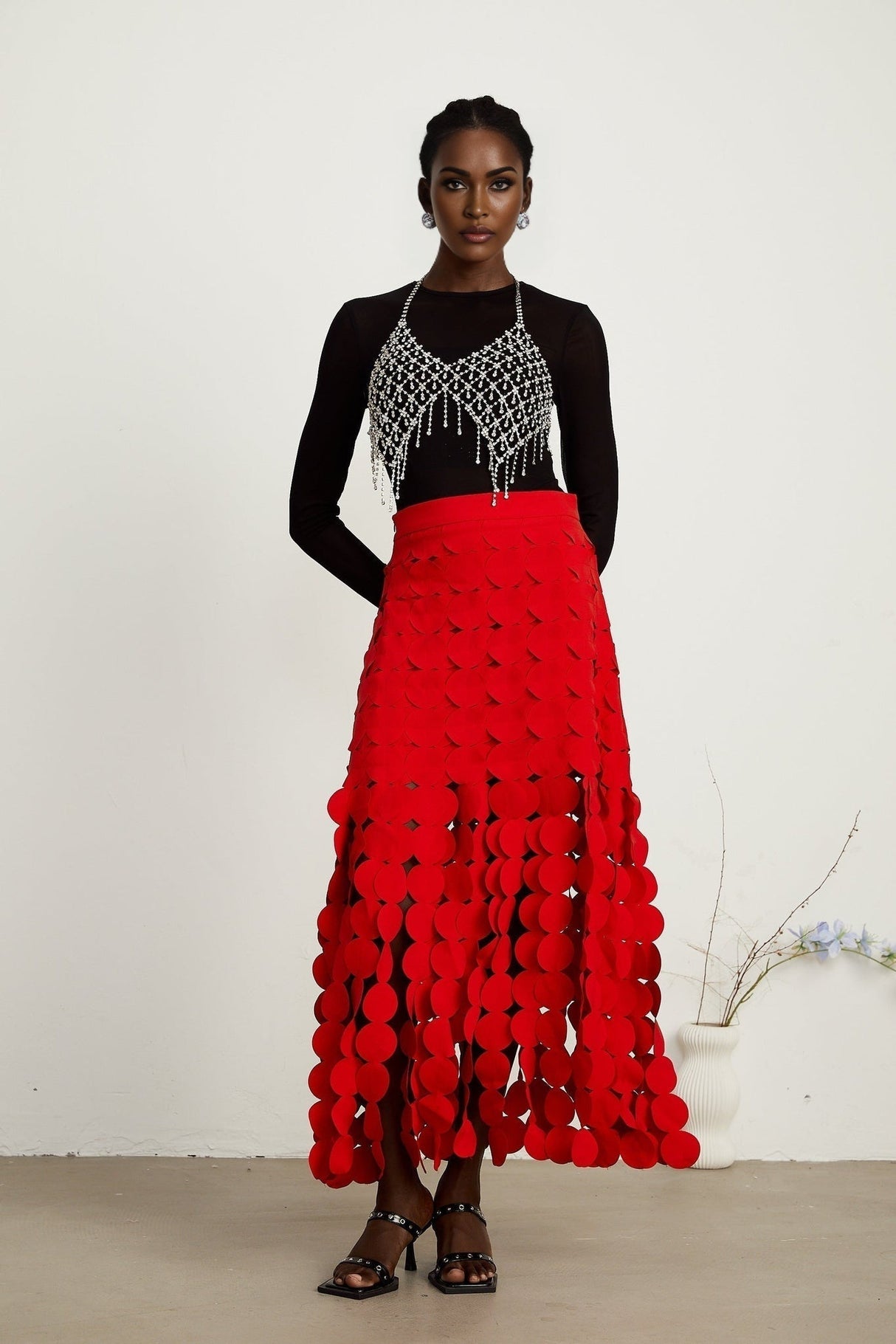 Zuri Maxi Dress in Vibrant Red with Fringed & Disc Overlay Design