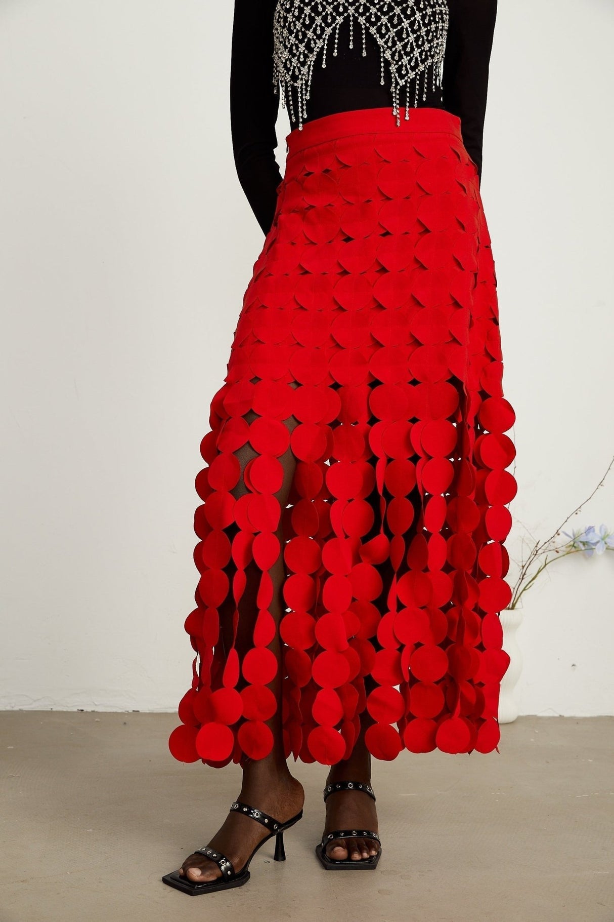 Zuri Maxi Dress in Vibrant Red with Fringed & Disc Overlay Design