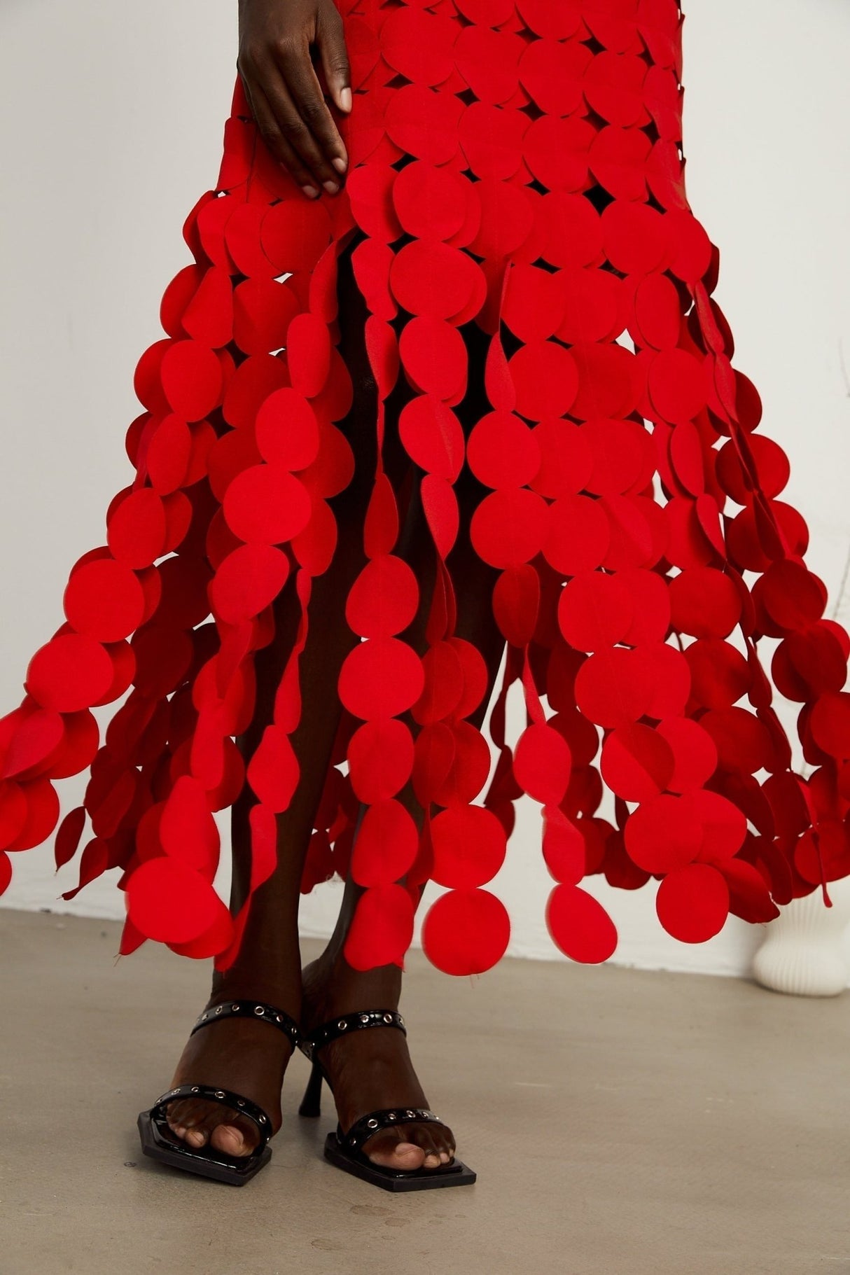 Zuri Maxi Dress in Vibrant Red with Fringed & Disc Overlay Design