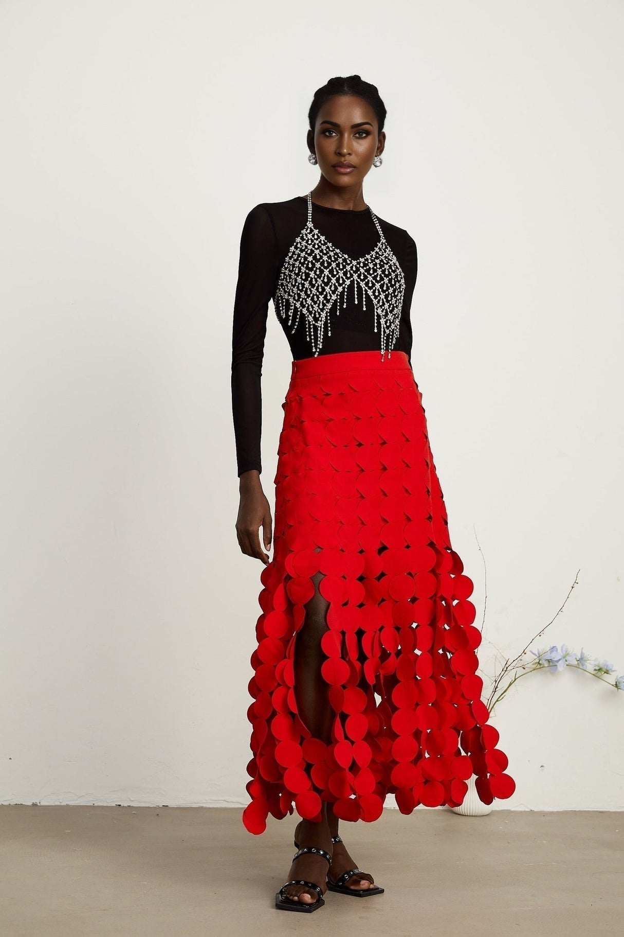 Zuri Maxi Dress in Vibrant Red with Fringed & Disc Overlay Design