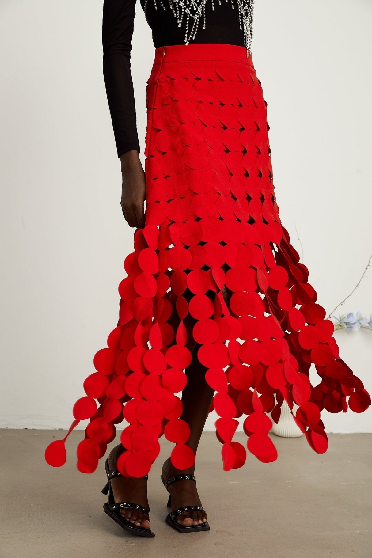 Zuri Maxi Dress in Vibrant Red with Fringed & Disc Overlay Design