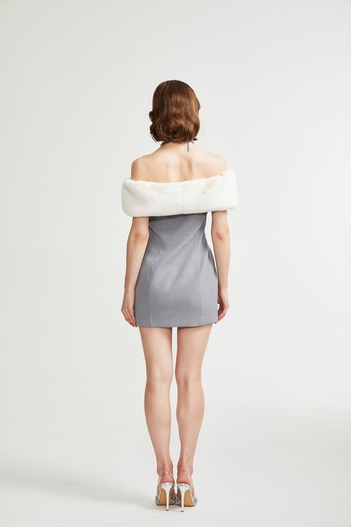 Zuri Mini Dress Grey with Faux Fur Shoulders