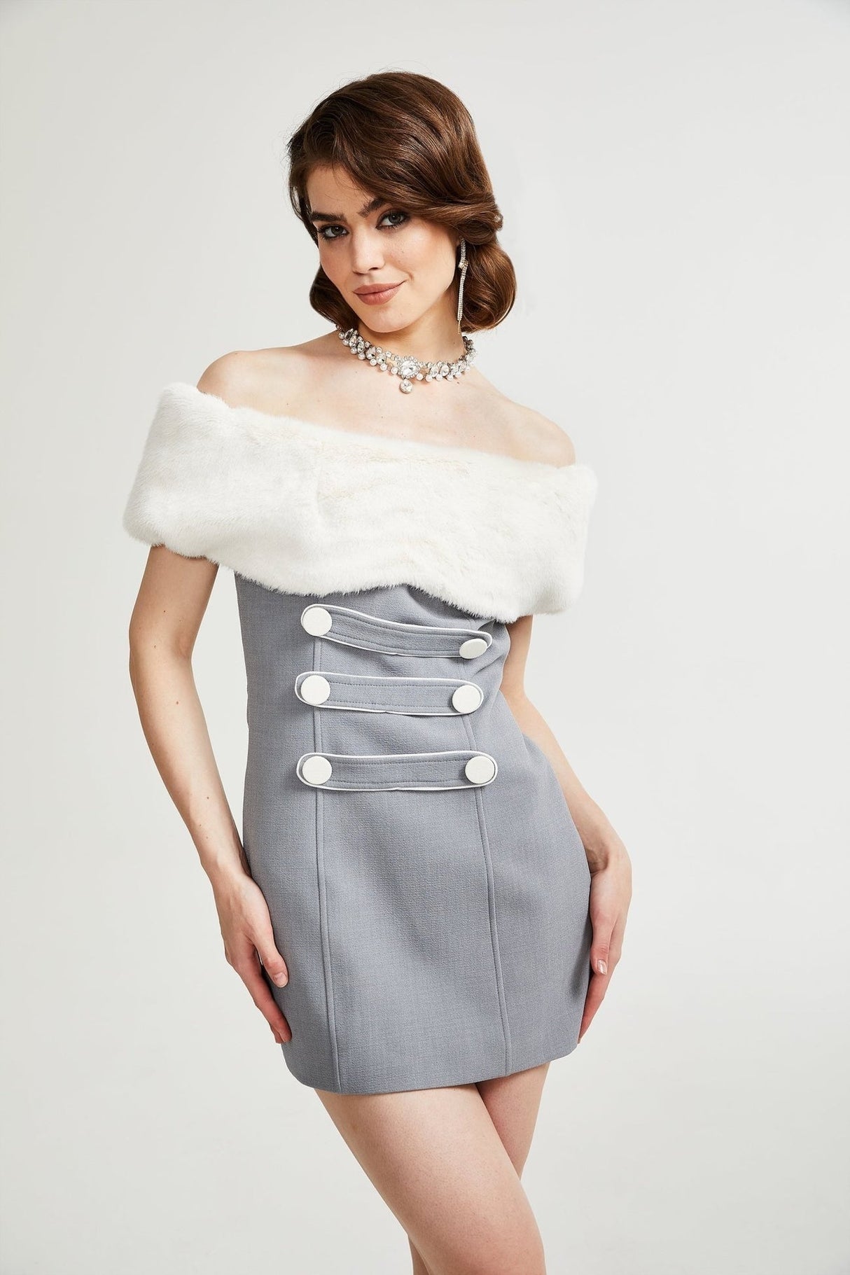 Zuri Mini Dress Grey with Faux Fur Shoulders