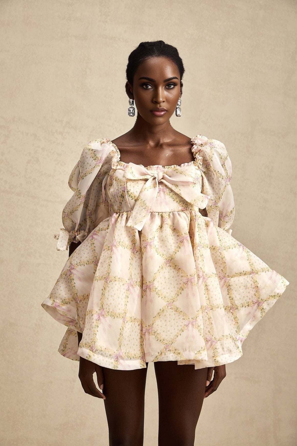 Zuri Mini Dress with Half Puff Sleeves Square Neck Bow Embellishment