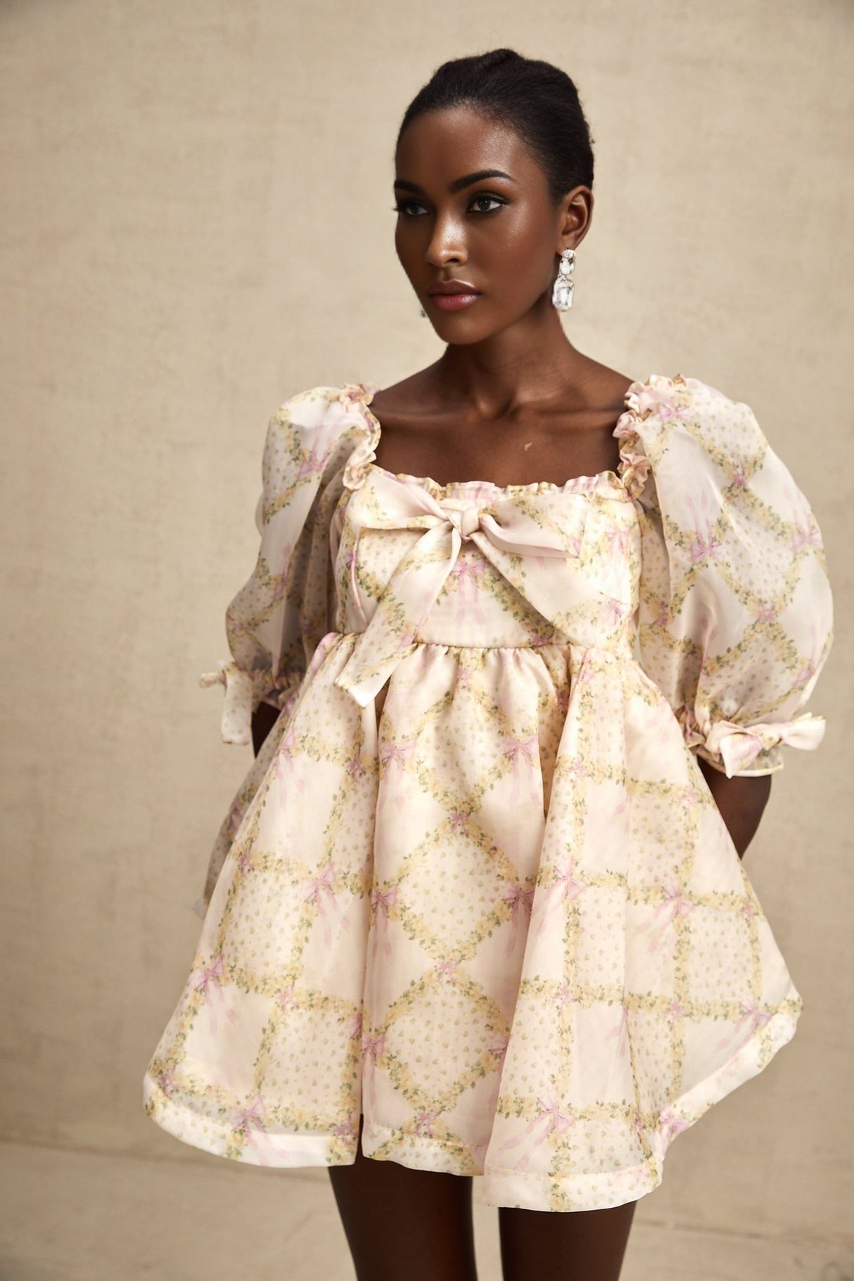 Zuri Mini Dress with Half Puff Sleeves Square Neck Bow Embellishment