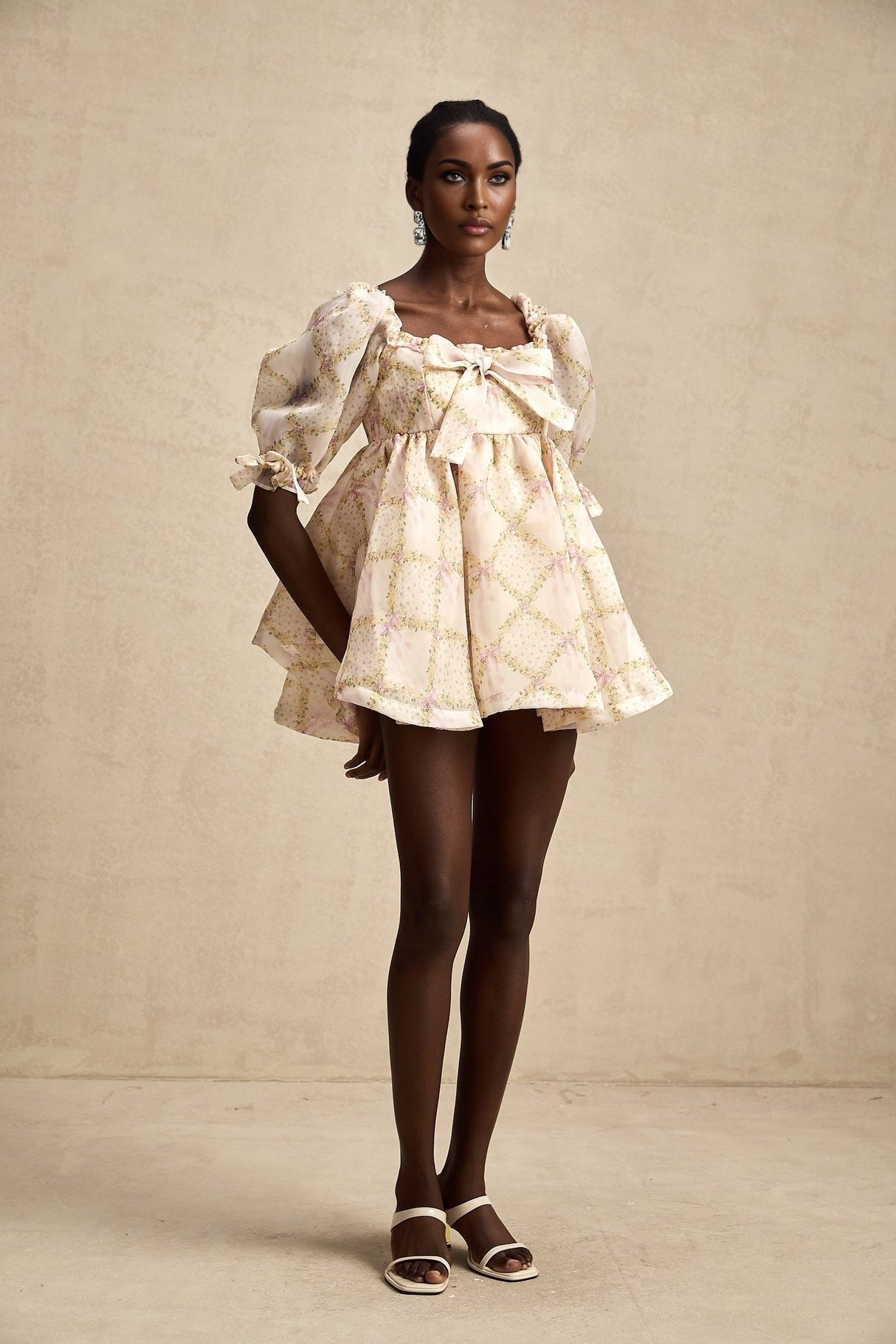 Zuri Mini Dress with Half Puff Sleeves Square Neck Bow Embellishment