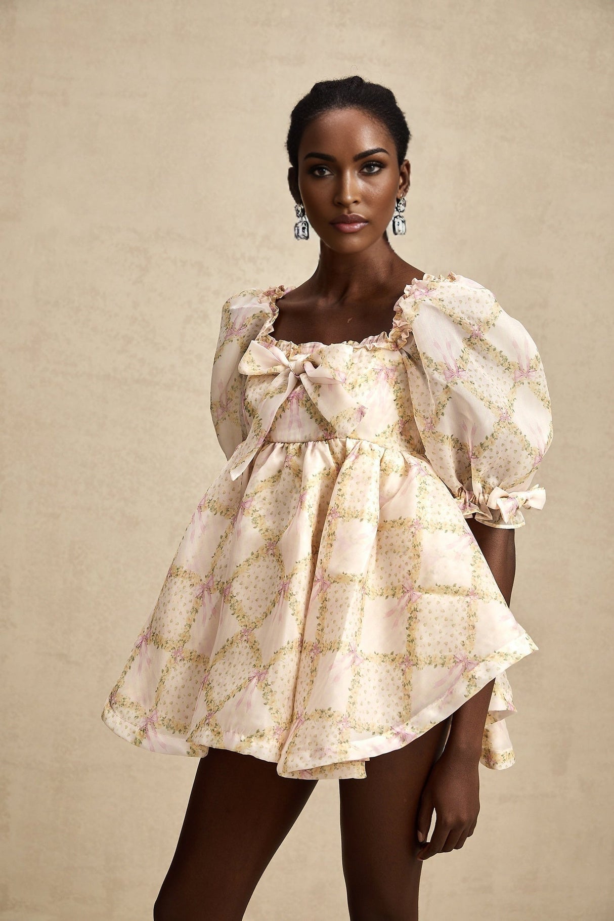 Zuri Mini Dress with Half Puff Sleeves Square Neck Bow Embellishment