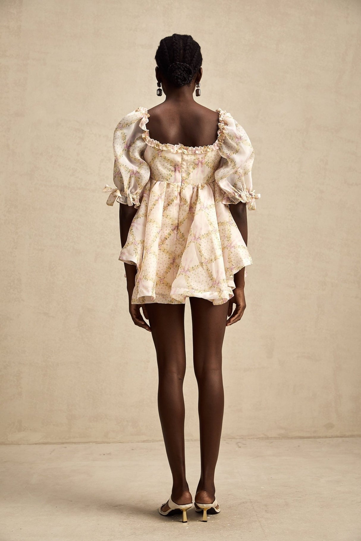 Zuri Mini Dress with Half Puff Sleeves Square Neck Bow Embellishment