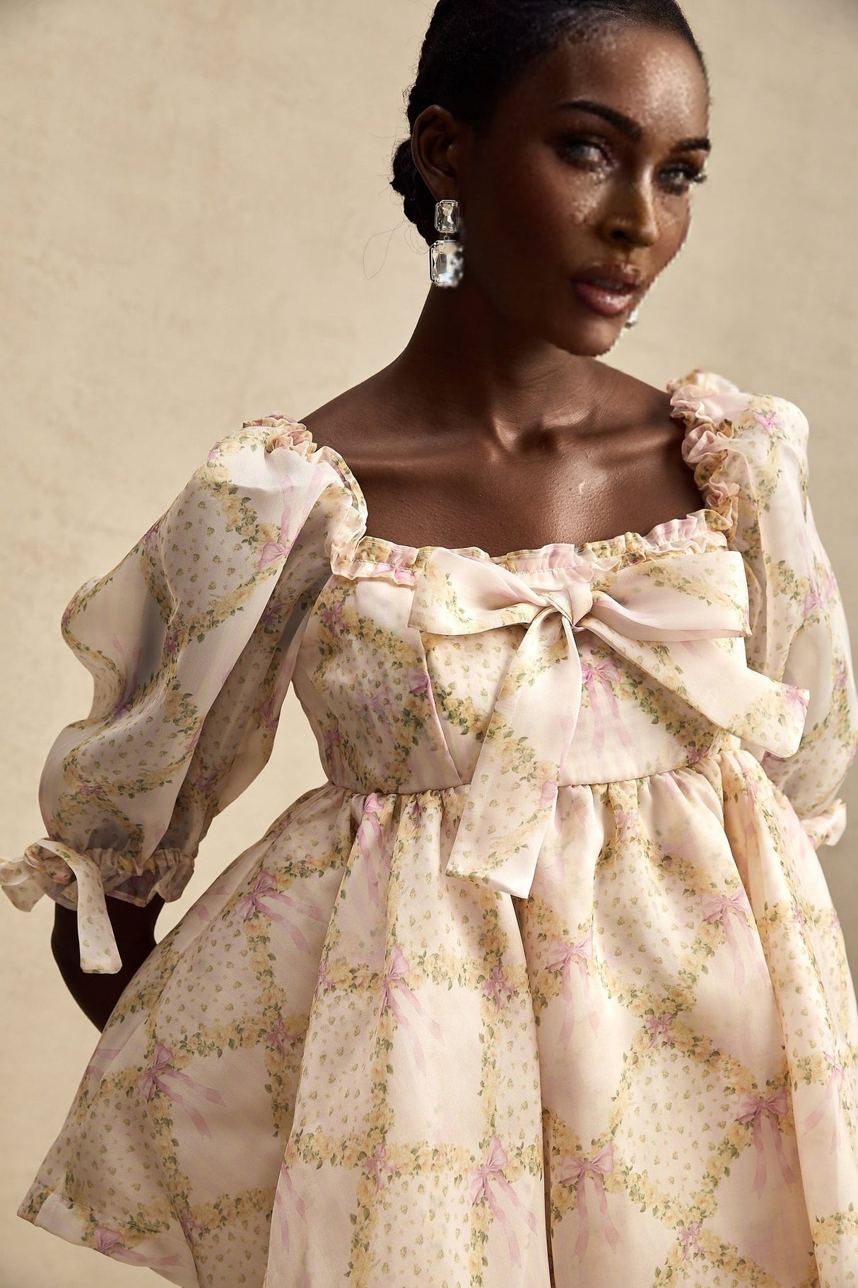 Zuri Mini Dress with Half Puff Sleeves Square Neck Bow Embellishment