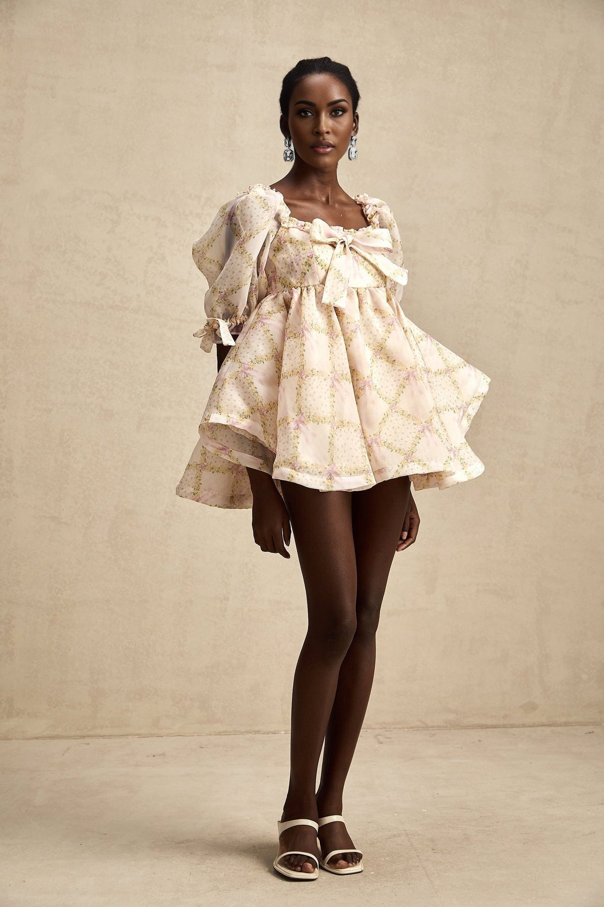 Zuri Mini Dress with Half Puff Sleeves Square Neck Bow Embellishment