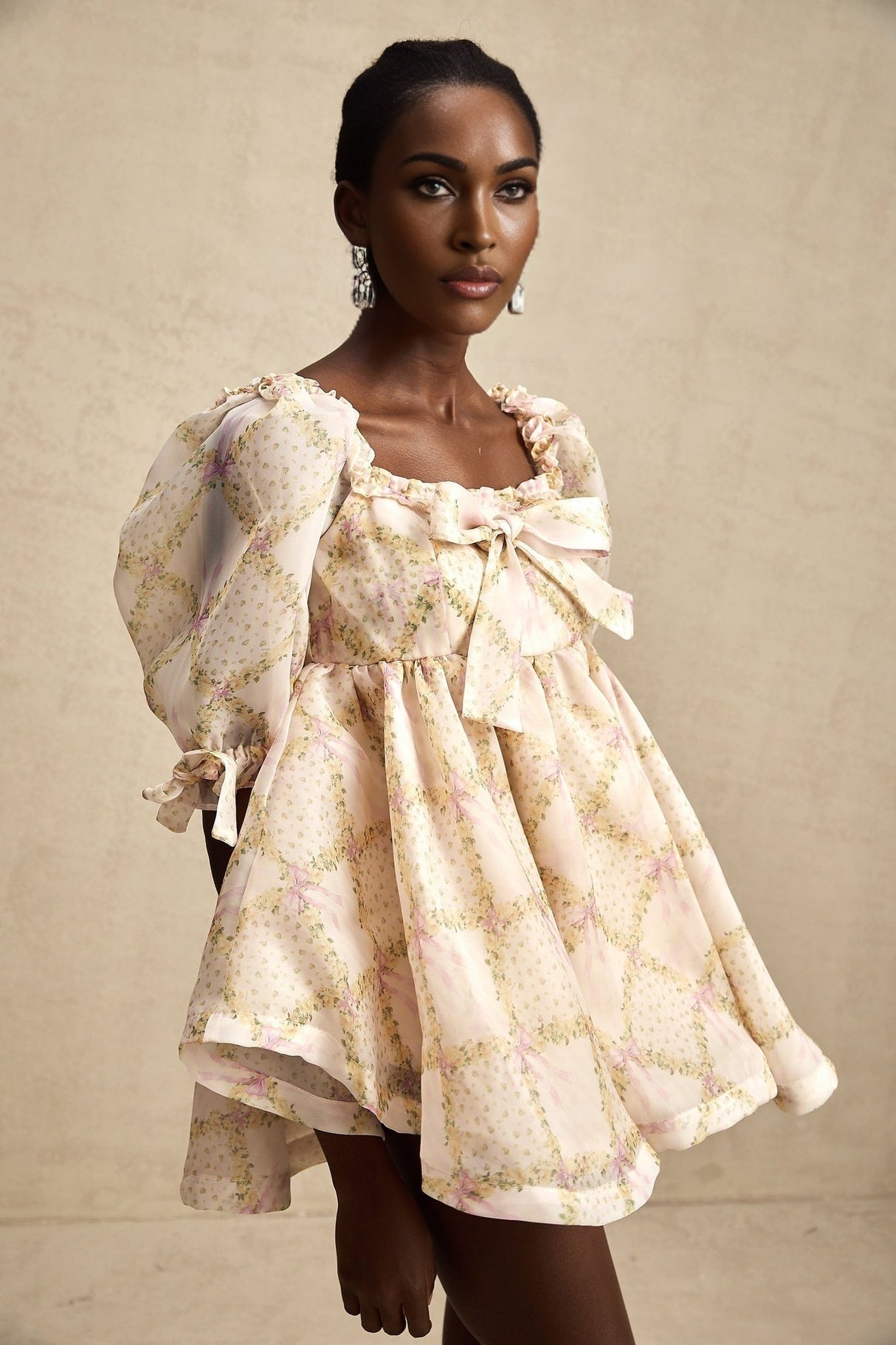 Zuri Mini Dress with Half Puff Sleeves Square Neck Bow Embellishment