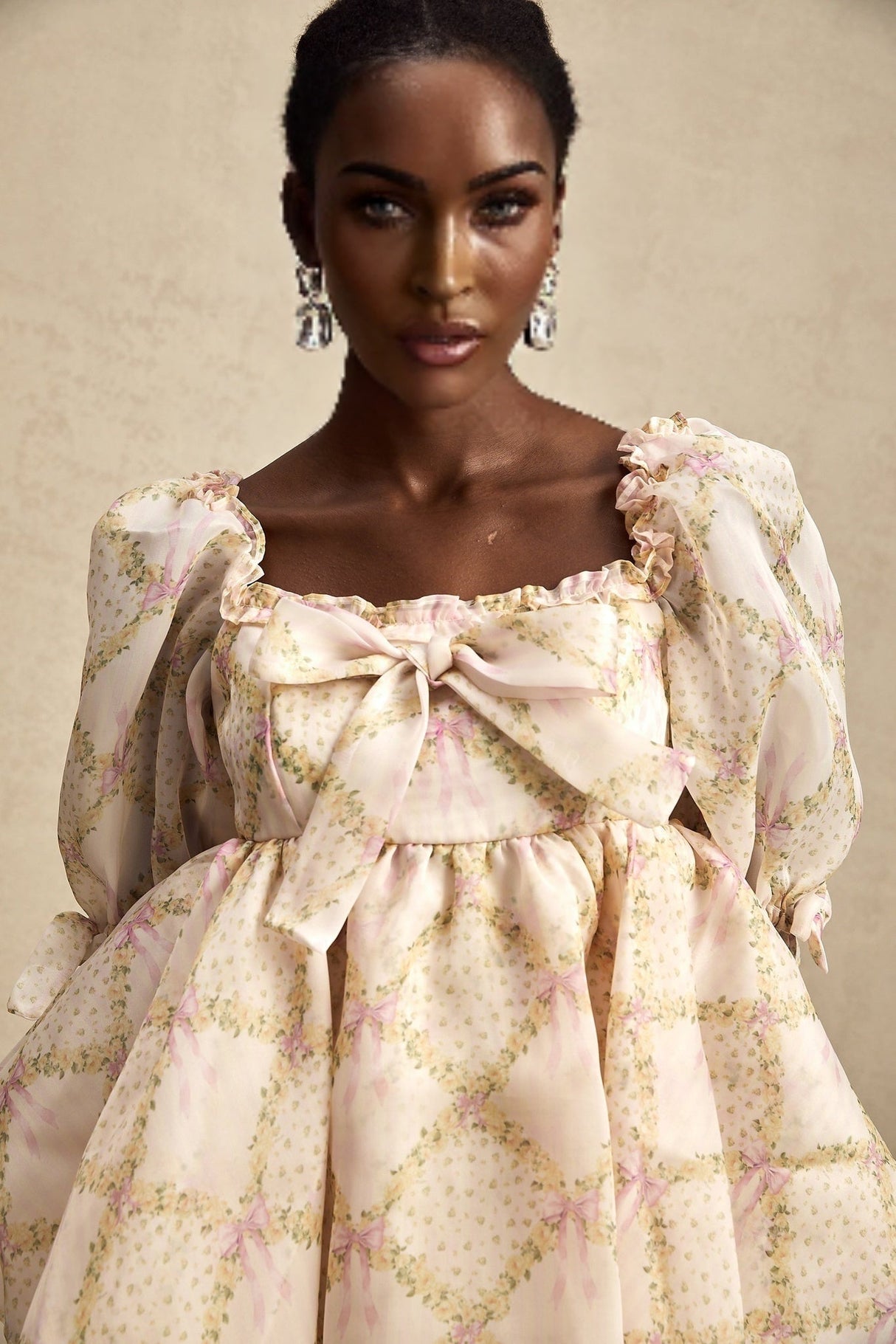 Zuri Mini Dress with Half Puff Sleeves Square Neck Bow Embellishment