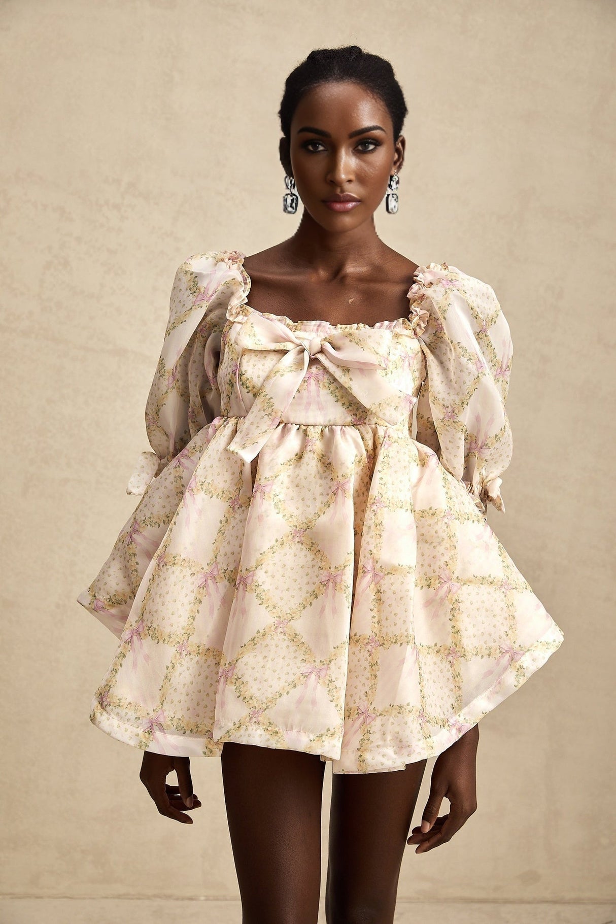 Zuri Mini Dress with Half Puff Sleeves Square Neck Bow Embellishment