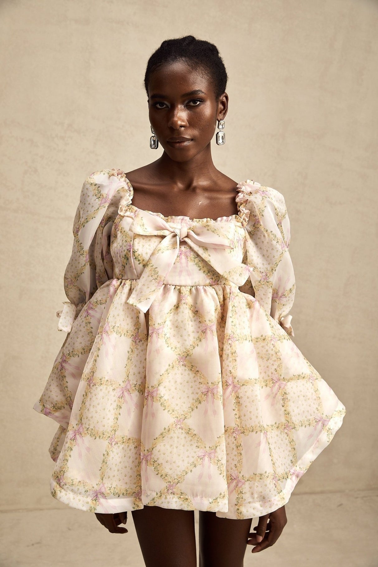 Zuri Mini Dress with Half Puff Sleeves Square Neck Bow Embellishment