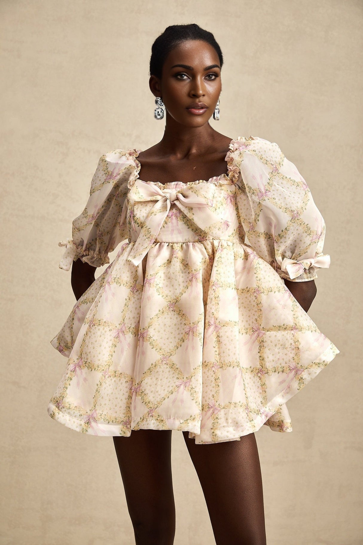 Zuri Mini Dress with Half Puff Sleeves Square Neck Bow Embellishment