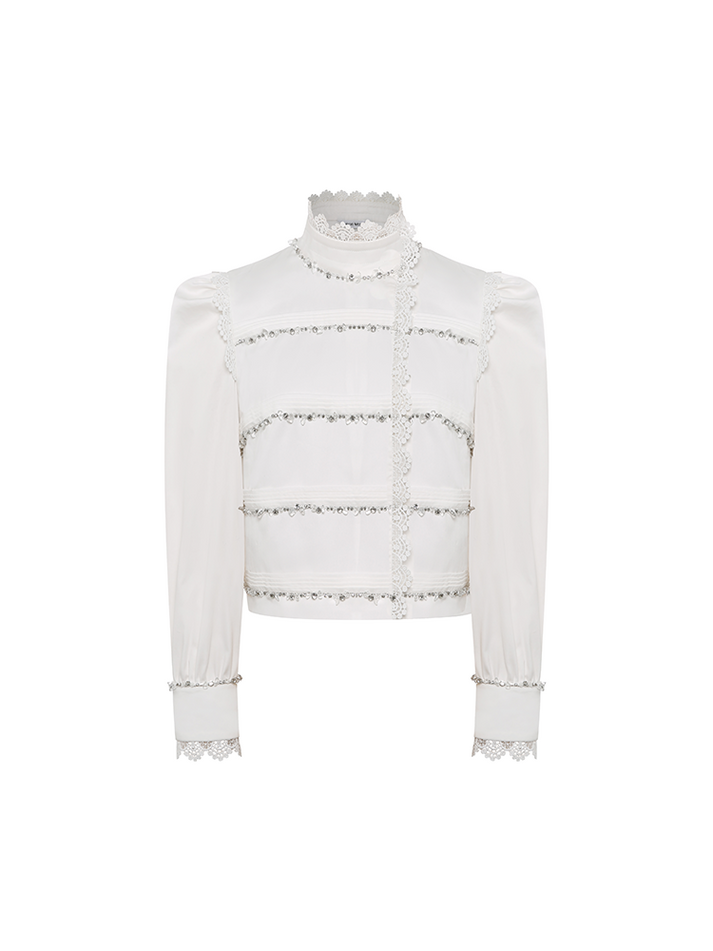 Sophia lace-embellished blouse with a high neckline, intricate lace detailing, puffed sleeves, and tailored fit, crafted from cotton, nylon, and spandex.