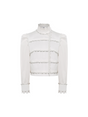 Sophia lace-embellished blouse with a high neckline, intricate lace detailing, puffed sleeves, and tailored fit, crafted from cotton, nylon, and spandex.