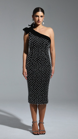 Nadia One Shoulder Diamond Pearls Midi Dress - Floral Detailing - Sparkling Accents - Form-Fitting - Luxurious Materials