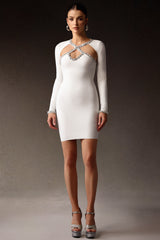 Laura Mini Dress - Hollow Out - Diamond Detailing - Long Sleeves - Unique Neckline - Flattering Fit