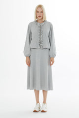 Zippered Front Ruffled Cardigan and Pleated Skirt Set