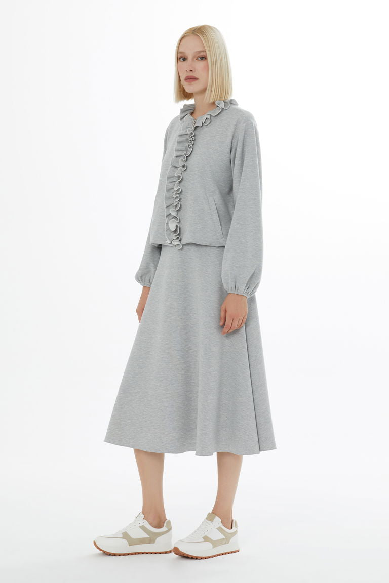 Zippered Front Ruffled Cardigan and Pleated Skirt Set