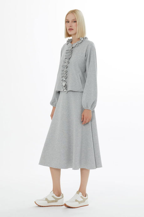 Zippered Front Ruffled Cardigan and Pleated Skirt Set