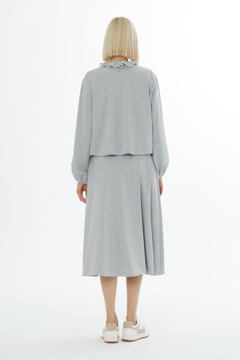 Zippered Front Ruffled Cardigan and Pleated Skirt Set