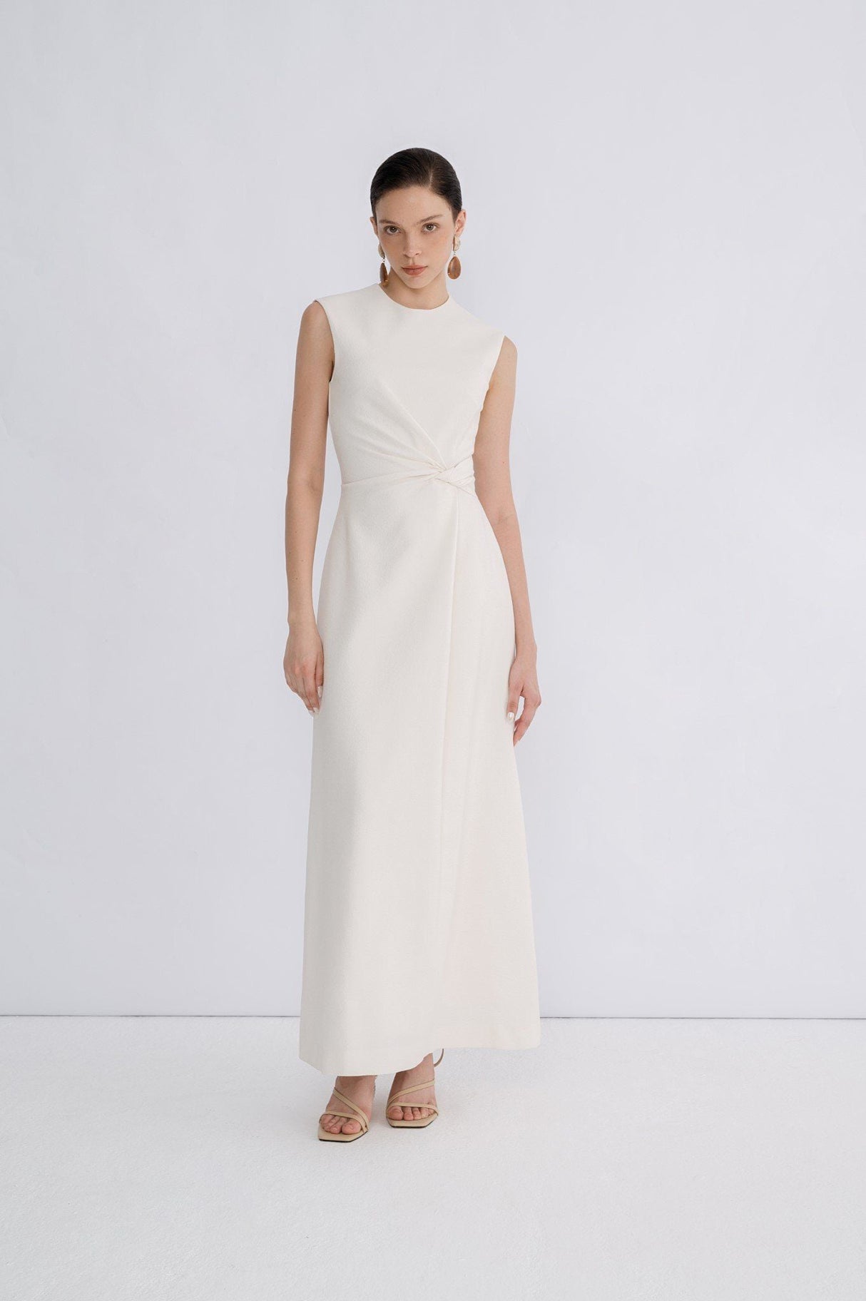 Isla A Line Jacquard Midi Dress – Puff Sleeves – Twisted Waist Detail