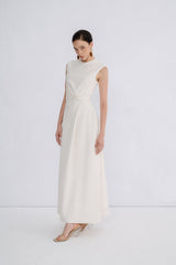 Isla A Line Jacquard Midi Dress – Puff Sleeves – Twisted Waist Detail