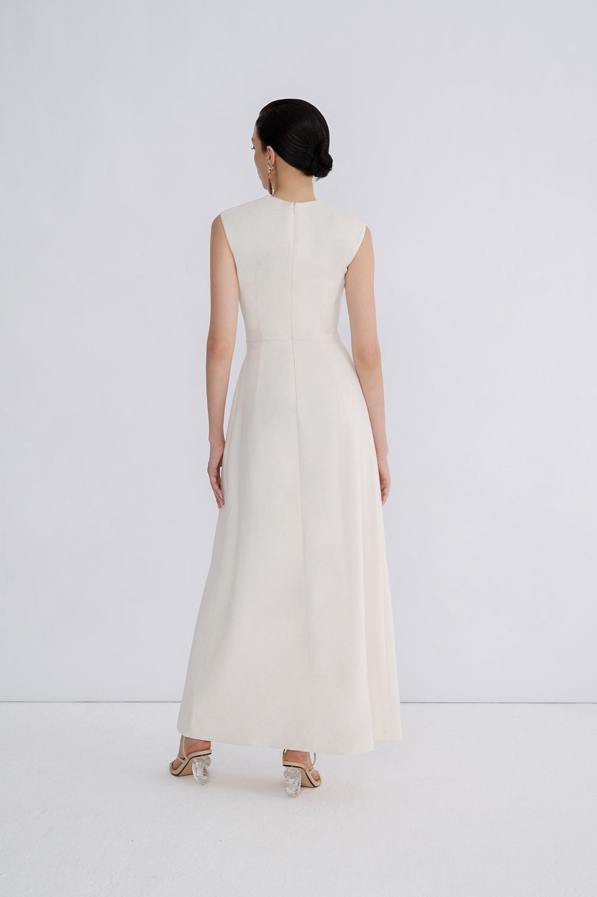 Isla A Line Jacquard Midi Dress – Puff Sleeves – Twisted Waist Detail