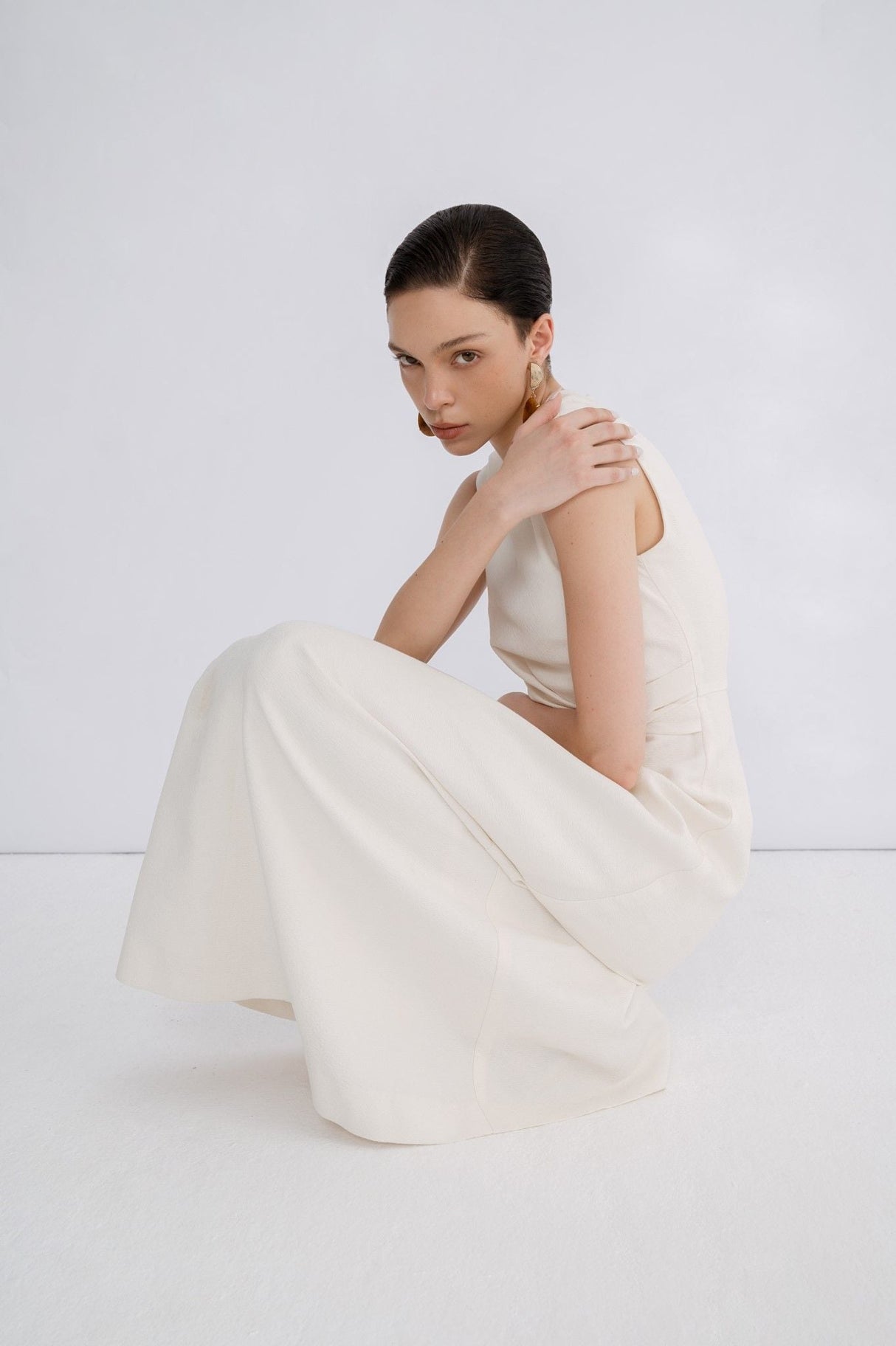 Isla A Line Jacquard Midi Dress – Puff Sleeves – Twisted Waist Detail