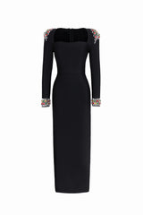 Genesis Midi Dress - Rhinestone Detailing - Squared Neckline - Body-Hugging Silhouette - Long Sleeves - High-Quality Craftsmanship