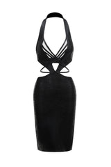 Noemi Mini Dress - Halter Neckline - Crossed Bodice Detailing - Metallic Fabric - Bodycon - Unique Cutouts