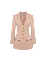 Fitted blazer dress with decorative buttons, tailored silhouette, and flap pockets. Made from 90% polyester, 10% spandex, and lined with 100% polyester
